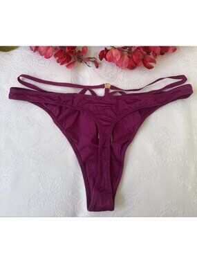 VICTORIA'S SECRET L PURPLE VERY SEXY STRAPPY THONG PANTIES GOLD CHARMS SILKY NWT
